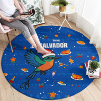 El Salvador Christmas Round Carpet with Santa Hat Motmot Bird Traditional Foods and Blue Festive Pattern Design - Wonder Print Shop