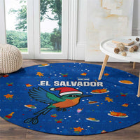 El Salvador Christmas Round Carpet with Santa Hat Motmot Bird Traditional Foods and Blue Festive Pattern Design - Wonder Print Shop