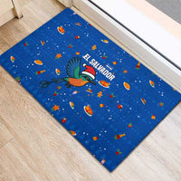 El Salvador Christmas Rubber Doormat with Santa Hat Motmot Bird Traditional Foods and Blue Festive Pattern Design - Wonder Print Shop