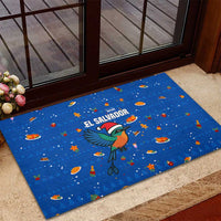 El Salvador Christmas Rubber Doormat with Santa Hat Motmot Bird Traditional Foods and Blue Festive Pattern Design - Wonder Print Shop