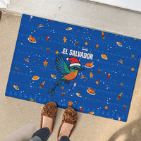 El Salvador Christmas Rubber Doormat with Santa Hat Motmot Bird Traditional Foods and Blue Festive Pattern Design - Wonder Print Shop