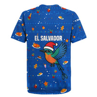El Salvador Christmas Rugby Jersey with Santa Hat Motmot Bird Traditional Foods and Blue Festive Pattern Design - Wonder Print Shop
