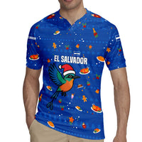 El Salvador Christmas Rugby Jersey with Santa Hat Motmot Bird Traditional Foods and Blue Festive Pattern Design - Wonder Print Shop