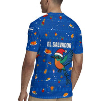 El Salvador Christmas Rugby Jersey with Santa Hat Motmot Bird Traditional Foods and Blue Festive Pattern Design - Wonder Print Shop