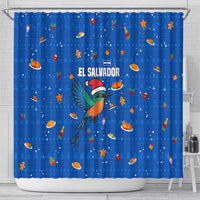 El Salvador Christmas Shower Curtain with Santa Hat Motmot Bird Traditional Foods and Blue Festive Pattern Design - Wonder Print Shop