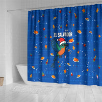 El Salvador Christmas Shower Curtain with Santa Hat Motmot Bird Traditional Foods and Blue Festive Pattern Design - Wonder Print Shop