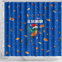 El Salvador Christmas Shower Curtain with Santa Hat Motmot Bird Traditional Foods and Blue Festive Pattern Design - Wonder Print Shop