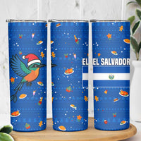 El Salvador Christmas Skinny Tumbler with Santa Hat Motmot Bird Traditional Foods and Blue Festive Pattern Design - Wonder Print Shop