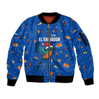 El Salvador Christmas Sleeve Zip Bomber Jacket with Santa Hat Motmot Bird Traditional Foods and Blue Festive Pattern Design - Wonder Print Shop