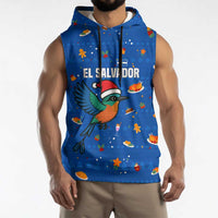 El Salvador Christmas Sleeveless Hoodie with Santa Hat Motmot Bird Traditional Foods and Blue Festive Pattern Design - Wonder Print Shop