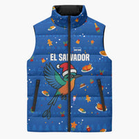 El Salvador Christmas Sleeveless Puffer Jacket with Santa Hat Motmot Bird Traditional Foods and Blue Festive Pattern Design - Wonder Print Shop
