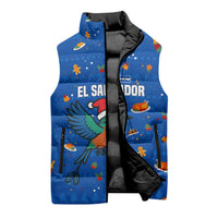 El Salvador Christmas Sleeveless Puffer Jacket with Santa Hat Motmot Bird Traditional Foods and Blue Festive Pattern Design - Wonder Print Shop
