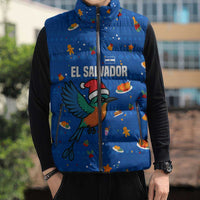 El Salvador Christmas Sleeveless Puffer Jacket with Santa Hat Motmot Bird Traditional Foods and Blue Festive Pattern Design - Wonder Print Shop