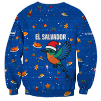 El Salvador Christmas Sweatshirt with Santa Hat Motmot Bird Traditional Foods and Blue Festive Pattern Design - Wonder Print Shop