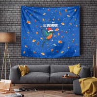 El Salvador Christmas Tapestry with Santa Hat Motmot Bird Traditional Foods and Blue Festive Pattern Design - Wonder Print Shop