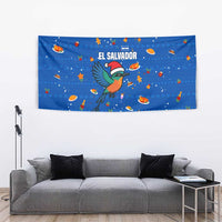 El Salvador Christmas Tapestry with Santa Hat Motmot Bird Traditional Foods and Blue Festive Pattern Design - Wonder Print Shop