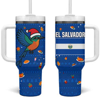El Salvador Christmas Tumbler With Handle with Santa Hat Motmot Bird Traditional Foods and Blue Festive Pattern Design - Wonder Print Shop