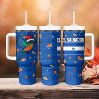 El Salvador Christmas Tumbler With Handle with Santa Hat Motmot Bird Traditional Foods and Blue Festive Pattern Design - Wonder Print Shop