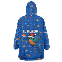 El Salvador Christmas Wearable Blanket Hoodie with Santa Hat Motmot Bird Traditional Foods and Blue Festive Pattern Design - Wonder Print Shop