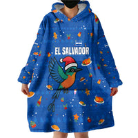El Salvador Christmas Wearable Blanket Hoodie with Santa Hat Motmot Bird Traditional Foods and Blue Festive Pattern Design - Wonder Print Shop