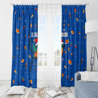 El Salvador Christmas Window Curtain with Santa Hat Motmot Bird Traditional Foods and Blue Festive Pattern Design - Wonder Print Shop