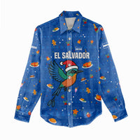El Salvador Christmas Women Casual Shirt with Santa Hat Motmot Bird Traditional Foods and Blue Festive Pattern Design - Wonder Print Shop