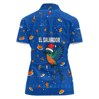 El Salvador Christmas Women Polo Shirt with Santa Hat Motmot Bird Traditional Foods and Blue Festive Pattern Design - Wonder Print Shop