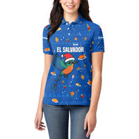 El Salvador Christmas Women Polo Shirt with Santa Hat Motmot Bird Traditional Foods and Blue Festive Pattern Design - Wonder Print Shop