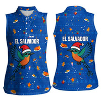 El Salvador Christmas Women Sleeveless Polo Shirt with Santa Hat Motmot Bird Traditional Foods and Blue Festive Pattern Design - Wonder Print Shop