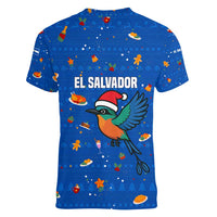 El Salvador Christmas Women V-Neck T-Shirt with Santa Hat Motmot Bird Traditional Foods and Blue Festive Pattern Design - Wonder Print Shop