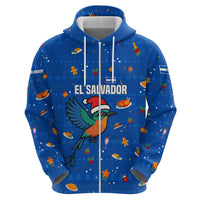 El Salvador Christmas Zip Hoodie with Santa Hat Motmot Bird Traditional Foods and Blue Festive Pattern Design - Wonder Print Shop