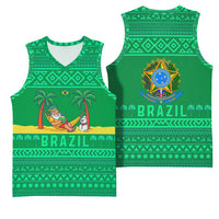 Brazil Christmas Basketball Jersey with Santa Relaxing in Hammock Palm Trees Snowman and Tribal Pattern Design - Wonder Print Shop