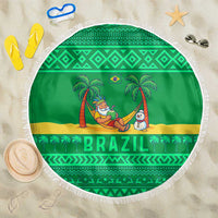 Brazil Christmas Beach Blanket with Santa Relaxing in Hammock Palm Trees Snowman and Tribal Pattern Design - Wonder Print Shop