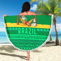 Brazil Christmas Beach Blanket with Santa Relaxing in Hammock Palm Trees Snowman and Tribal Pattern Design - Wonder Print Shop