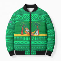 Brazil Christmas Bomber Puffer Jacket with Santa Relaxing in Hammock Palm Trees Snowman and Tribal Pattern Design - Wonder Print Shop