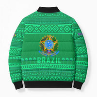 Brazil Christmas Bomber Puffer Jacket with Santa Relaxing in Hammock Palm Trees Snowman and Tribal Pattern Design - Wonder Print Shop