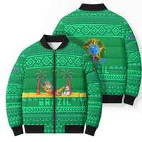 Brazil Christmas Bomber Puffer Jacket with Santa Relaxing in Hammock Palm Trees Snowman and Tribal Pattern Design - Wonder Print Shop