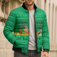 Brazil Christmas Bomber Puffer Jacket with Santa Relaxing in Hammock Palm Trees Snowman and Tribal Pattern Design - Wonder Print Shop