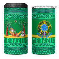 Brazil Christmas 4 in 1 Can Cooler Tumbler with Santa Relaxing in Hammock Palm Trees Snowman and Tribal Pattern Design - Wonder Print Shop