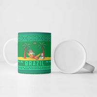 Brazil Christmas Ceramic Mug with Santa Relaxing in Hammock Palm Trees Snowman and Tribal Pattern Design - Wonder Print Shop