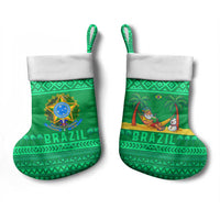Brazil Christmas Stocking with Santa Relaxing in Hammock Palm Trees Snowman and Tribal Pattern Design - Wonder Print Shop