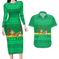 Brazil Christmas Couples Matching Long Sleeve Bodycon Dress and Hawaiian Shirt with Santa Relaxing in Hammock Palm Trees Snowman and Tribal Pattern Design - Wonder Print Shop