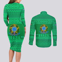 Brazil Christmas Couples Matching Long Sleeve Bodycon Dress and Long Sleeve Button Shirt with Santa Relaxing in Hammock Palm Trees Snowman and Tribal Pattern Design - Wonder Print Shop