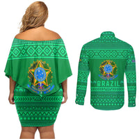 Brazil Christmas Couples Matching Off Shoulder Short Dress and Long Sleeve Button Shirt with Santa Relaxing in Hammock Palm Trees Snowman and Tribal Pattern Design - Wonder Print Shop