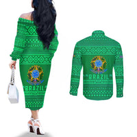 Brazil Christmas Couples Matching Off The Shoulder Long Sleeve Dress and Long Sleeve Button Shirt with Santa Relaxing in Hammock Palm Trees Snowman and Tribal Pattern Design - Wonder Print Shop