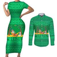 Brazil Christmas Couples Matching Short Sleeve Bodycon Dress and Long Sleeve Button Shirt with Santa Relaxing in Hammock Palm Trees Snowman and Tribal Pattern Design - Wonder Print Shop