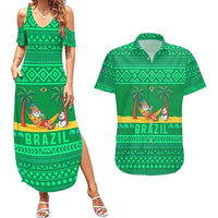 Brazil Christmas Couples Matching Summer Maxi Dress and Hawaiian Shirt with Santa Relaxing in Hammock Palm Trees Snowman and Tribal Pattern Design - Wonder Print Shop