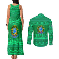 Brazil Christmas Couples Matching Tank Maxi Dress and Long Sleeve Button Shirt with Santa Relaxing in Hammock Palm Trees Snowman and Tribal Pattern Design - Wonder Print Shop