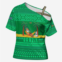 Brazil Christmas Cross Shoulder Shirt with Santa Relaxing in Hammock Palm Trees Snowman and Tribal Pattern Design - Wonder Print Shop