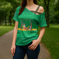 Brazil Christmas Cross Shoulder Shirt with Santa Relaxing in Hammock Palm Trees Snowman and Tribal Pattern Design - Wonder Print Shop